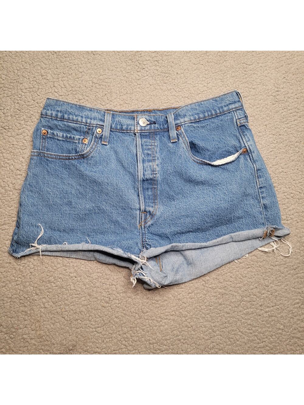 Levis 501 Shorts 32 Blue Denim High Rise Cutoff Distressed Button Medium Wash